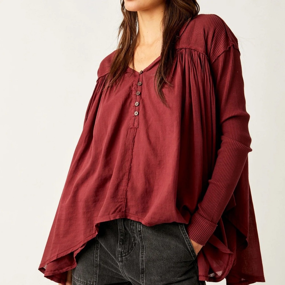 Free People Lyrical Tunic Burgundy Ribbed Long Sleeve Top Extra Small